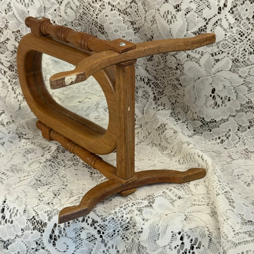 Vintage Wood Swivel Vanity Mirror Oval Tabletop Cheval Spindle Frame Farmhouse